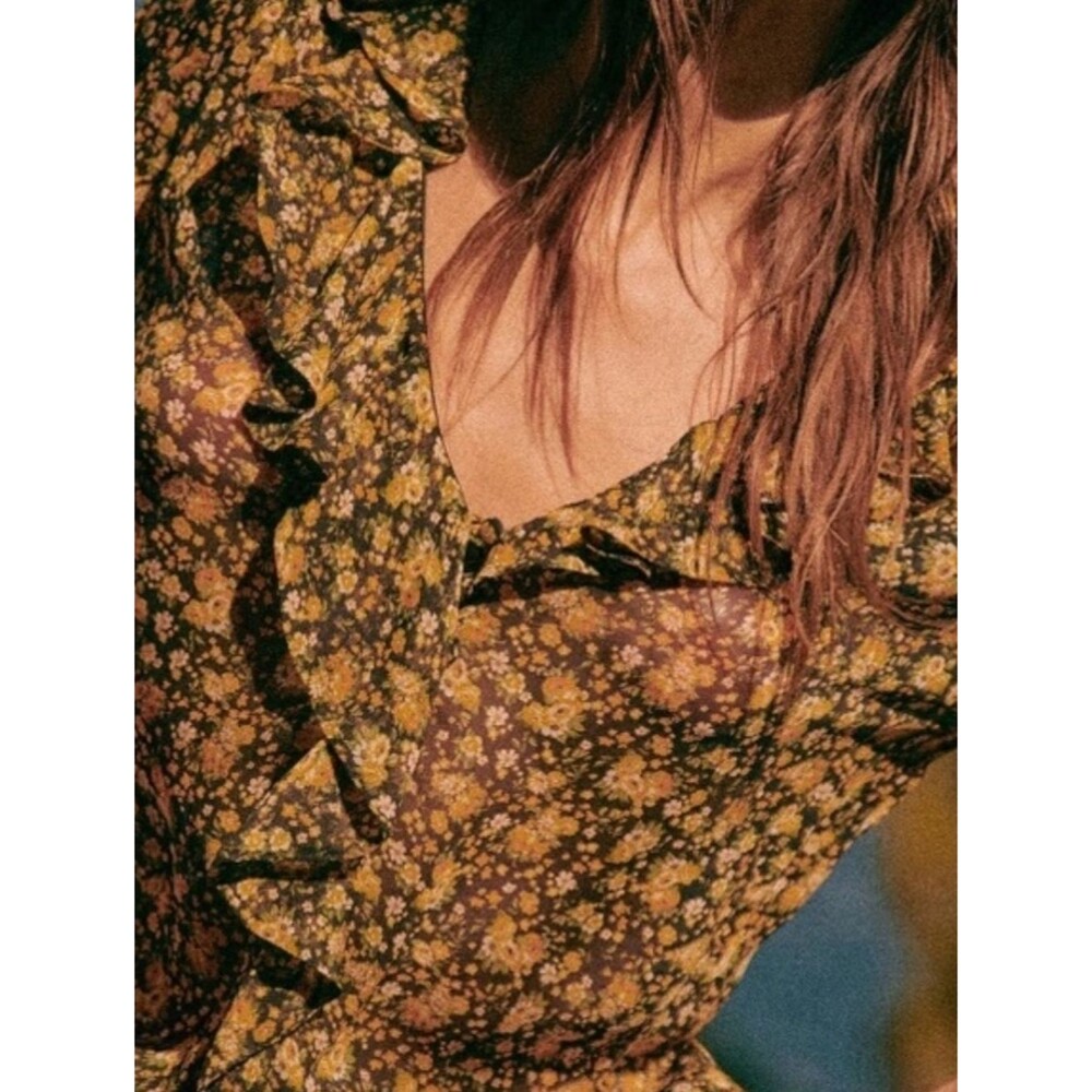 Sezane Yellow Black Floral Short Sleeve Blouse Size 34 Romantic Fairy Feminine - Picture 3 of 9